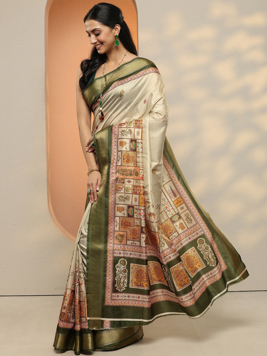 Beige Printed Silk Blend Saree With Unstitched Blouse Piece 