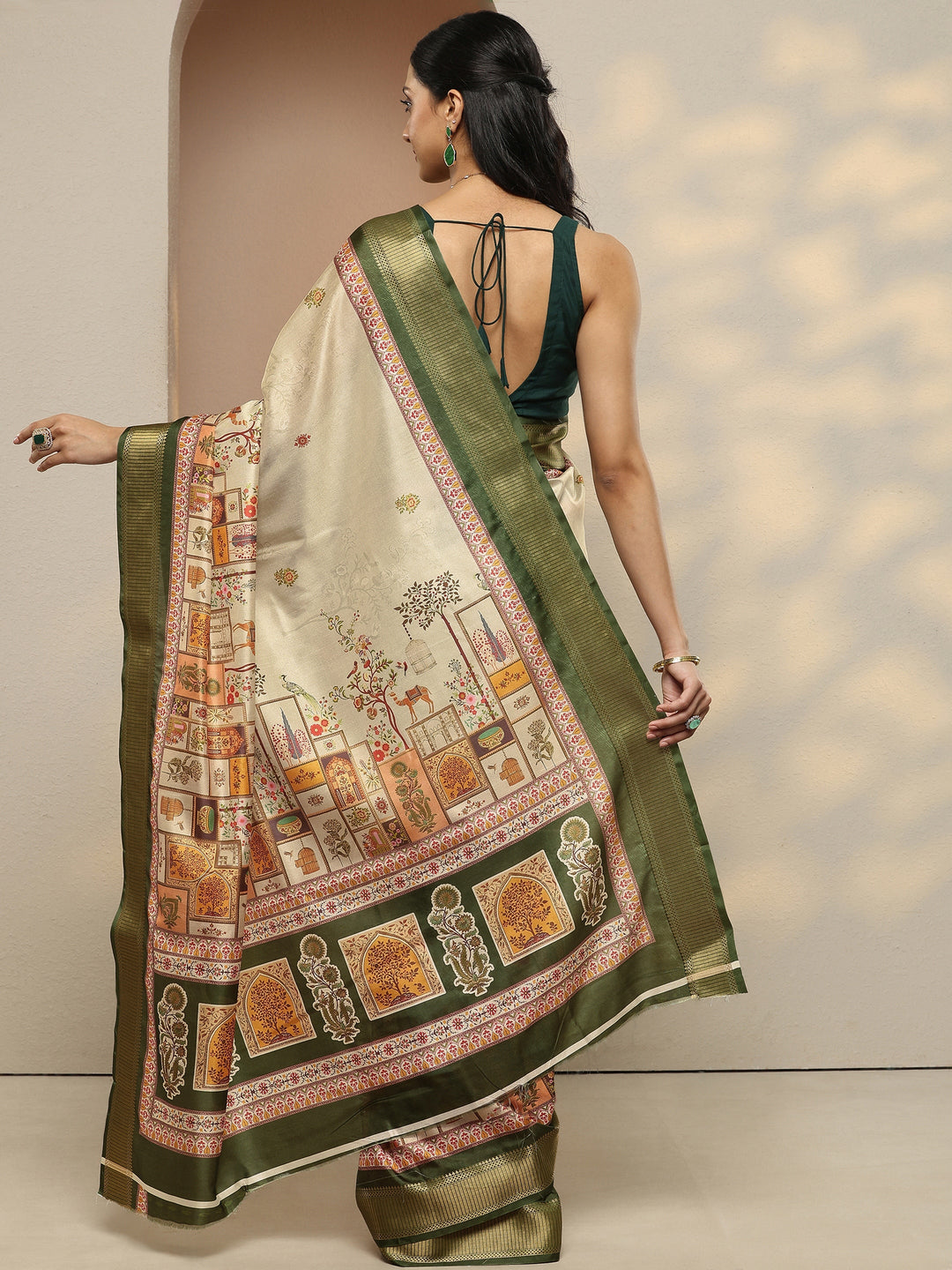  Beige Printed Silk Blend Saree With Unstitched Blouse Piece 