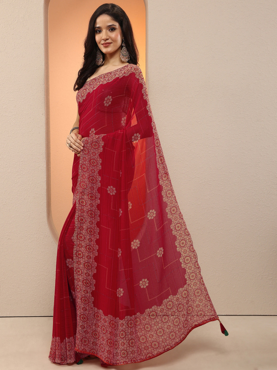 Red Printed Georgette Saree With Unstitched Blouse Piece 
