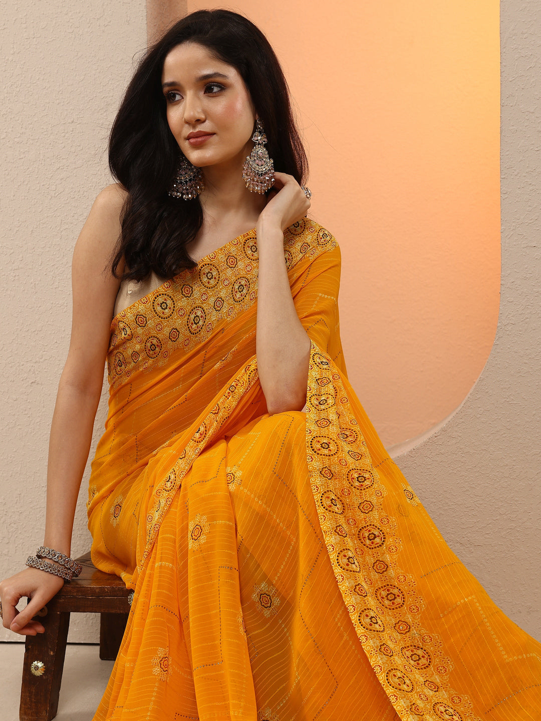  Yellow Printed Georgette Saree With Unstitched Blouse Piece 