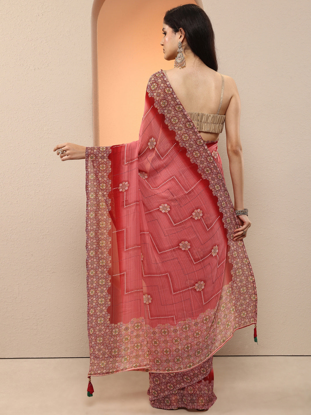  Peach Printed Georgette Saree With Unstitched Blouse Piece 
