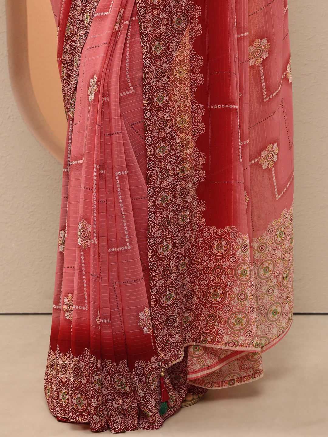  Peach Printed Georgette Saree With Unstitched Blouse Piece 
