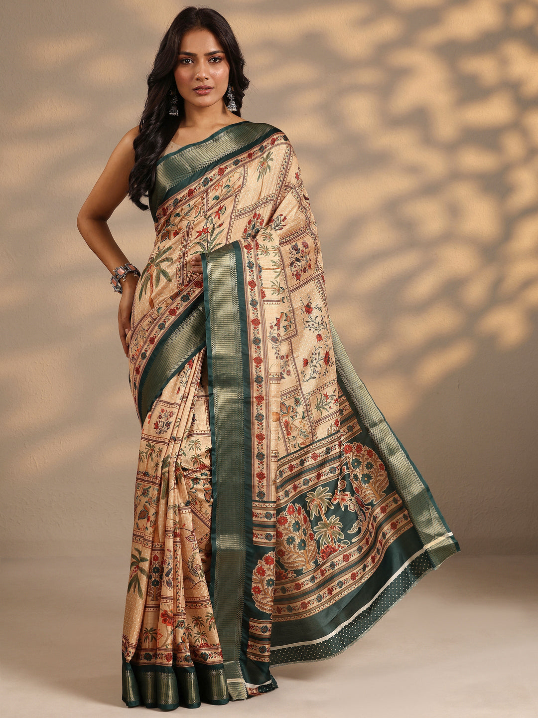  Gold Printed Silk Blend Saree With Unstitched Blouse Piece 
