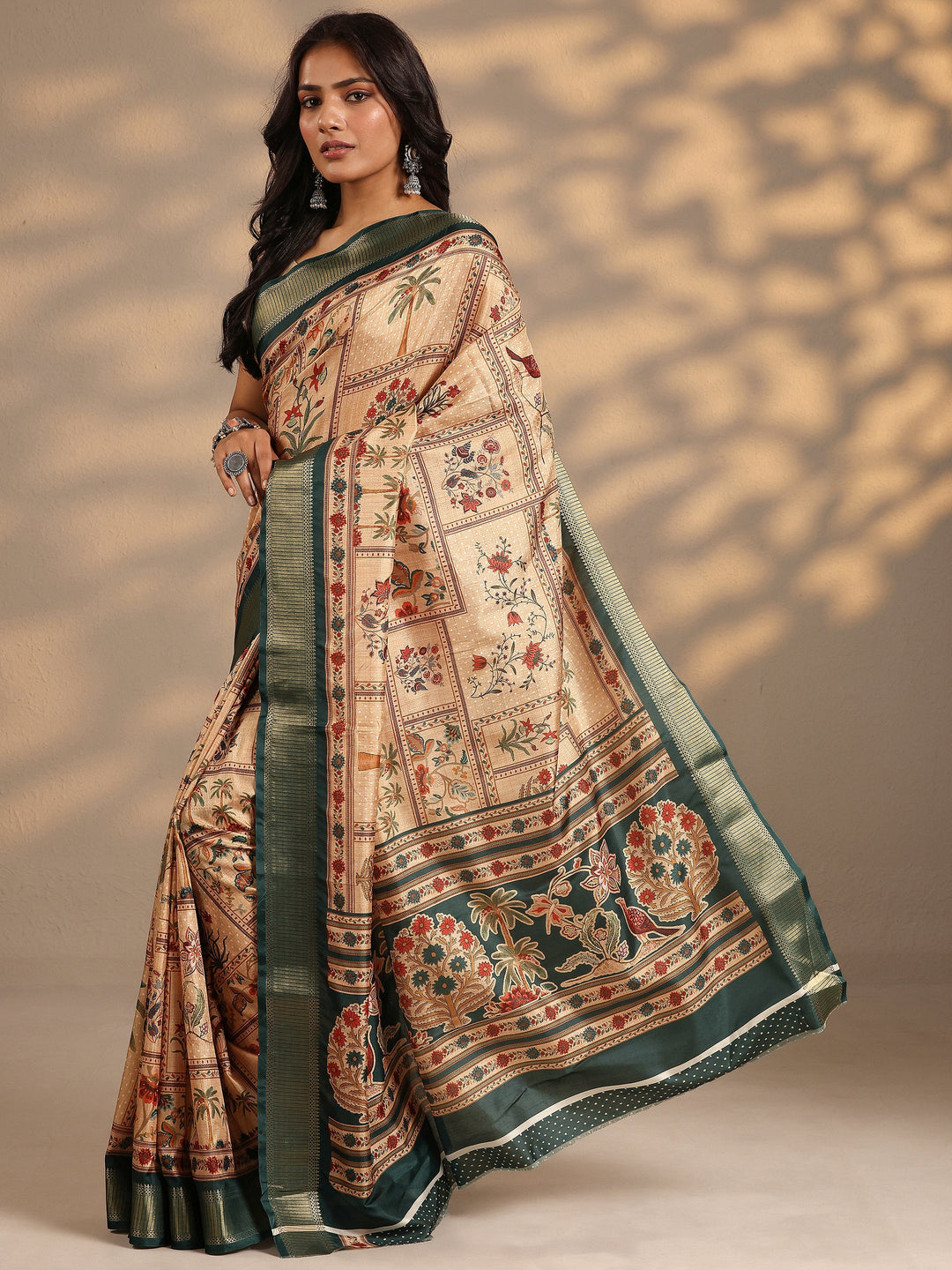  Gold Printed Silk Blend Saree With Unstitched Blouse Piece 