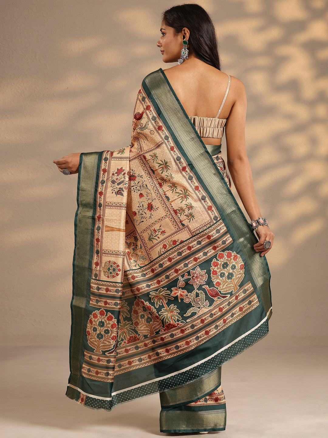  Gold Printed Silk Blend Saree With Unstitched Blouse Piece 