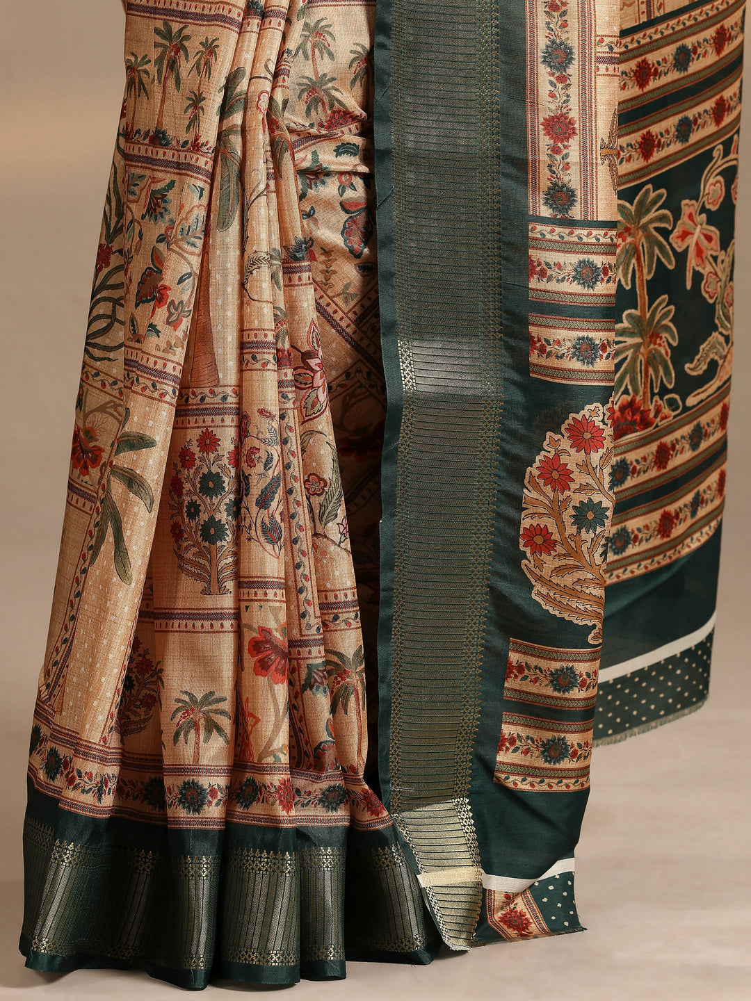  Gold Printed Silk Blend Saree With Unstitched Blouse Piece 