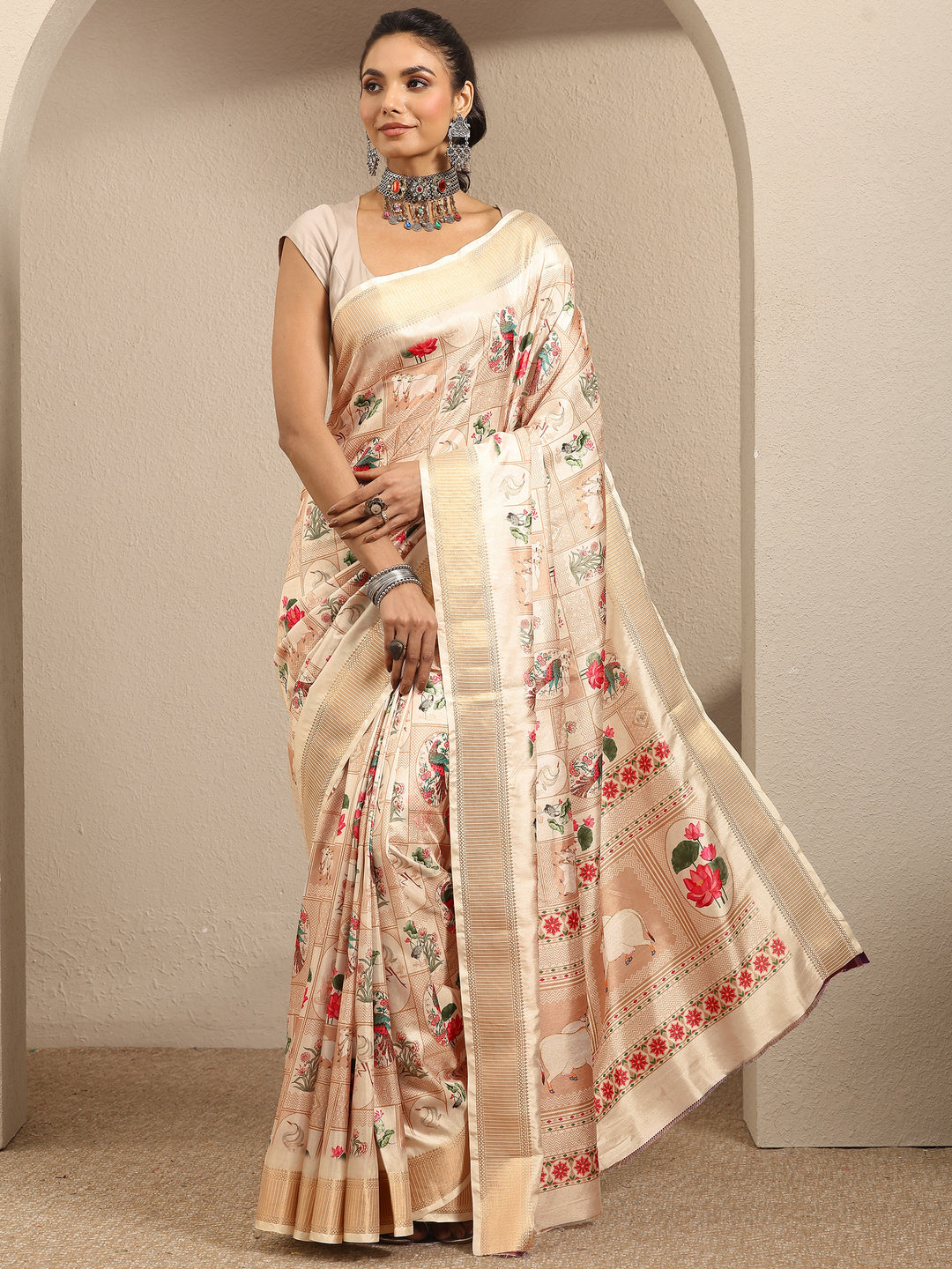  Gold Printed Silk Blend Saree With Unstitched Blouse Piece 
