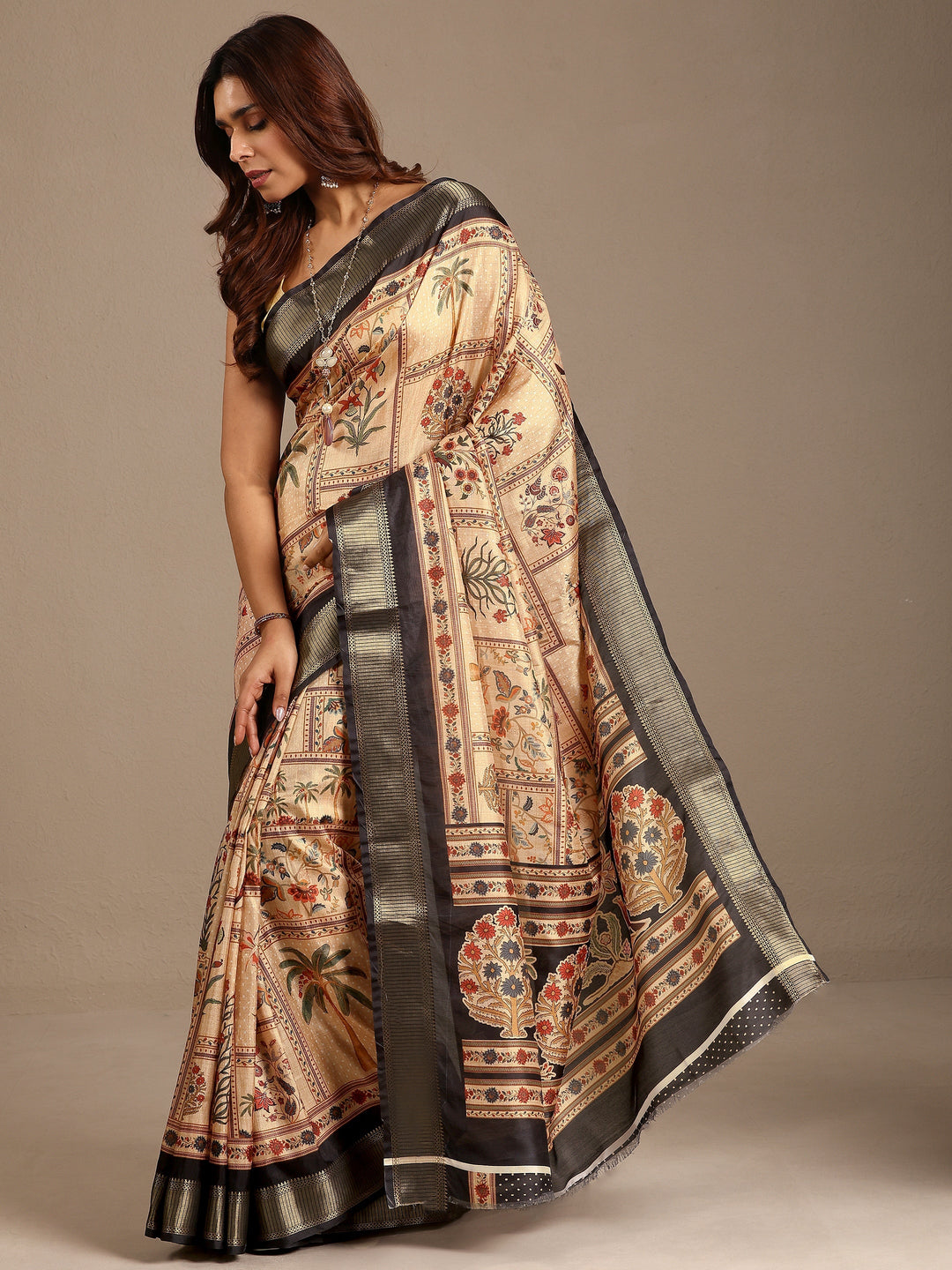  Gold Printed Silk Blend Saree With Unstitched Blouse Piece 