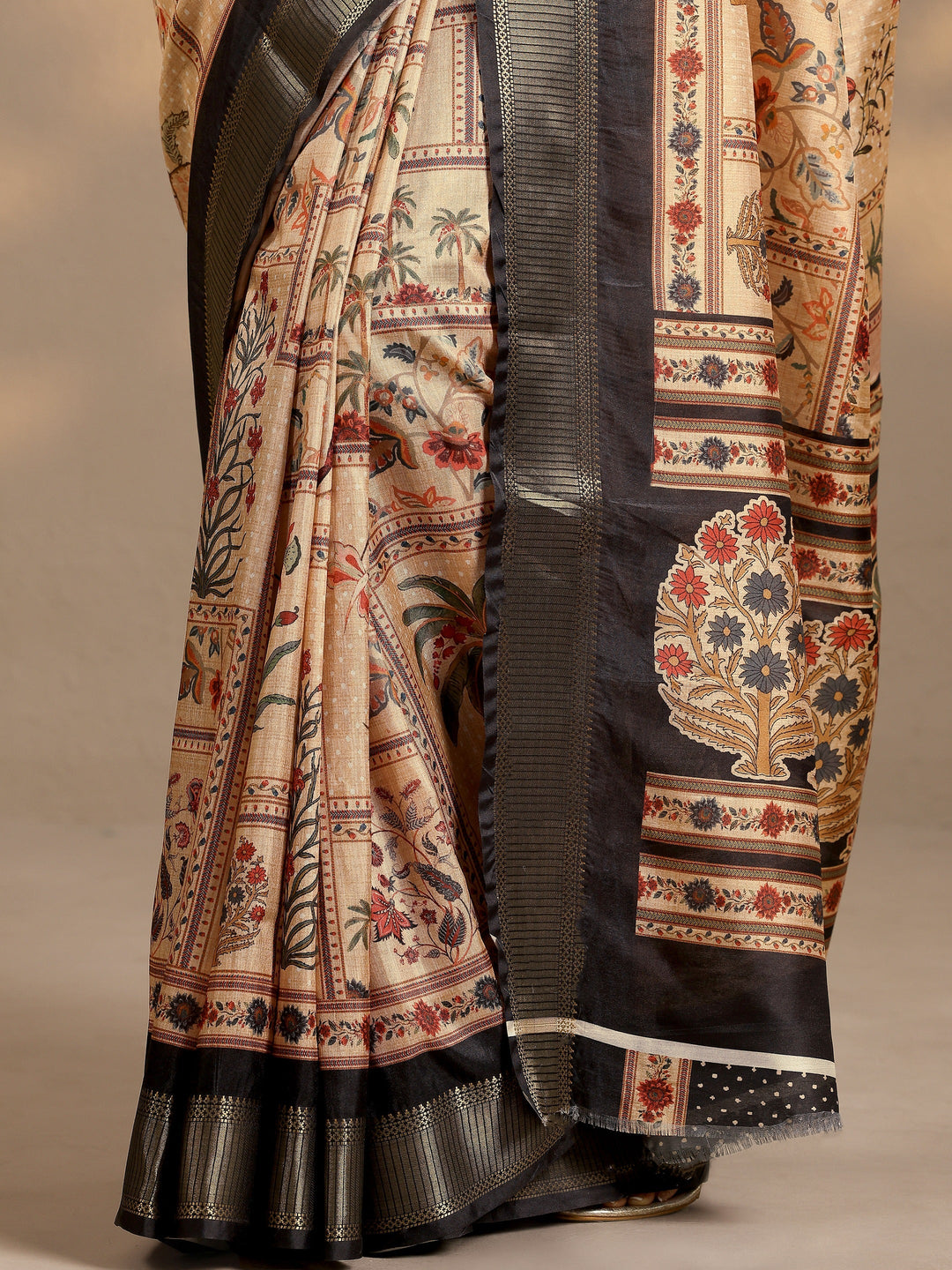  Gold Printed Silk Blend Saree With Unstitched Blouse Piece 