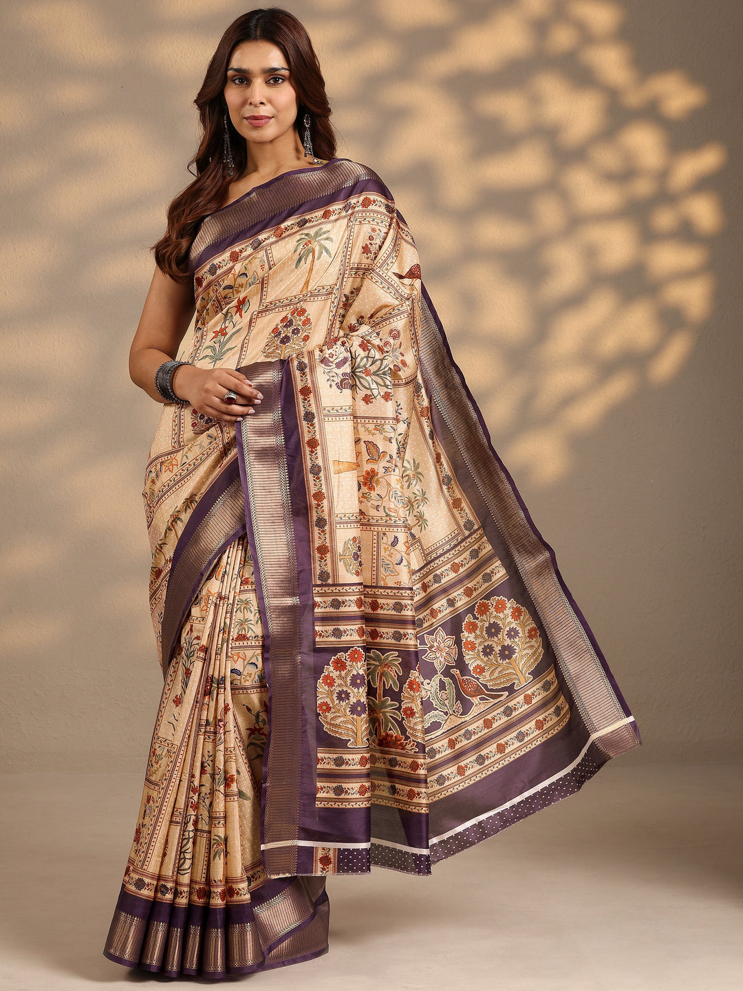  Gold Printed Silk Blend Saree With Unstitched Blouse Piece 