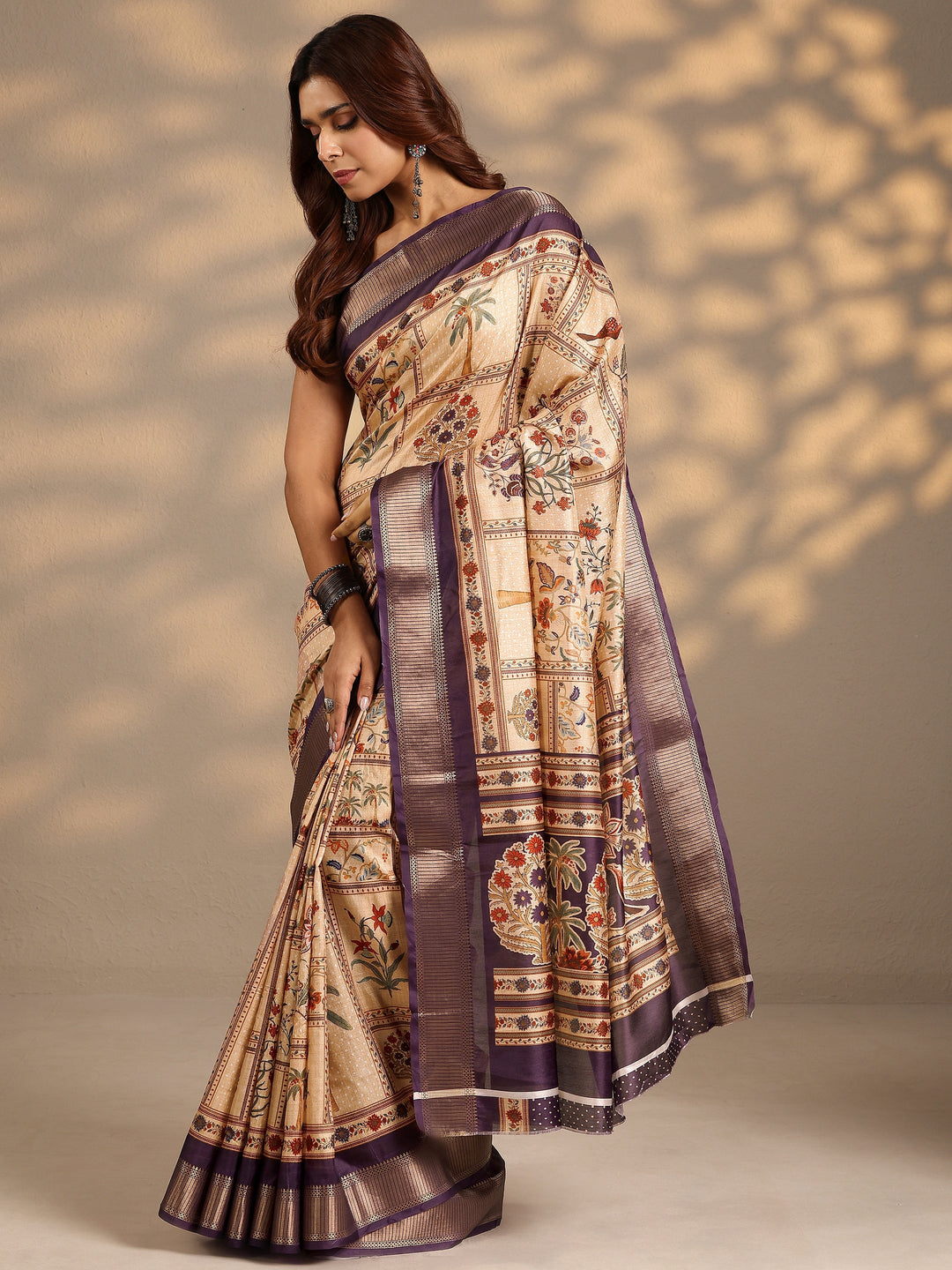  Gold Printed Silk Blend Saree With Unstitched Blouse Piece 