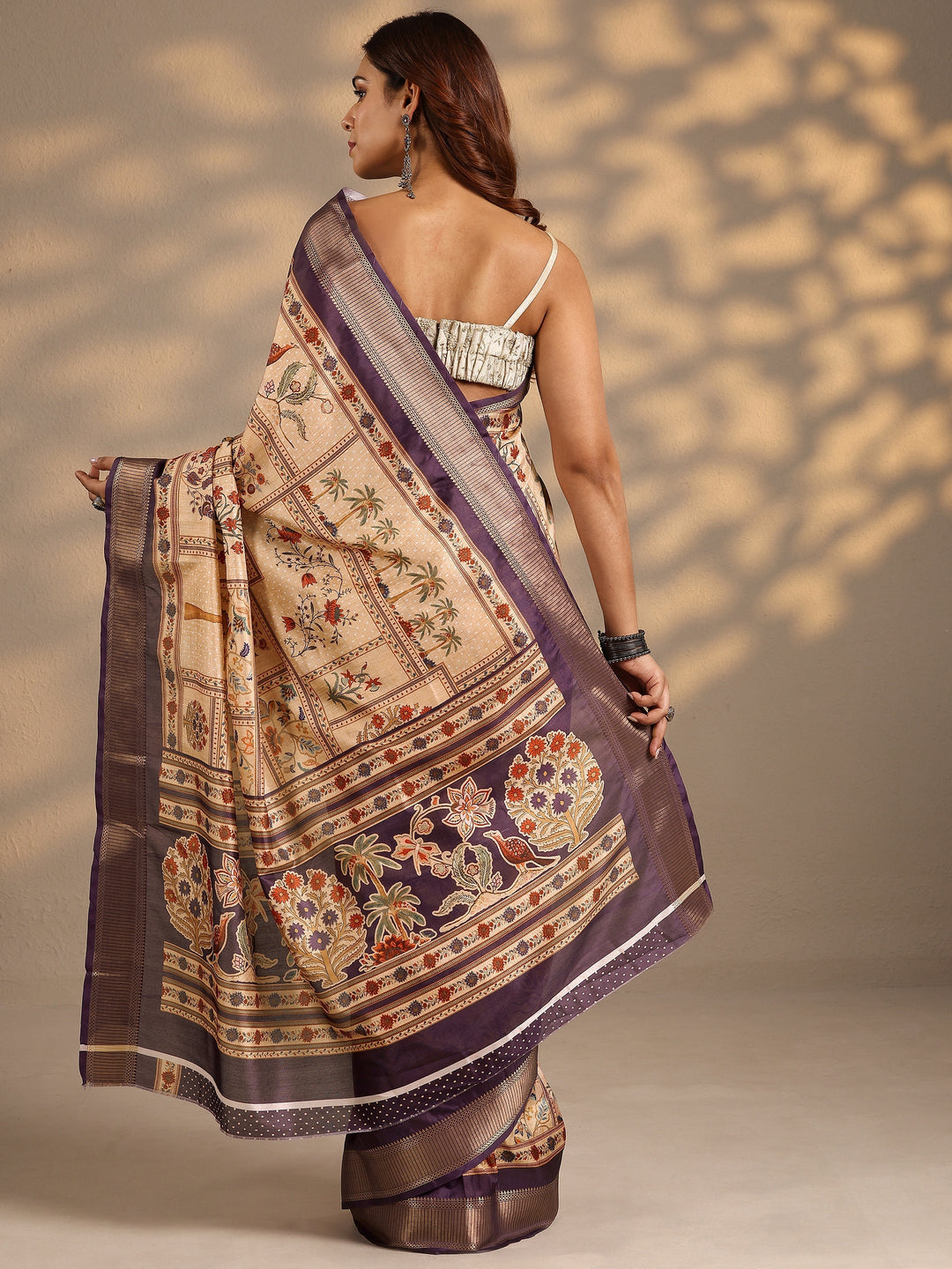 Gold Printed Silk Blend Saree With Unstitched Blouse Piece 