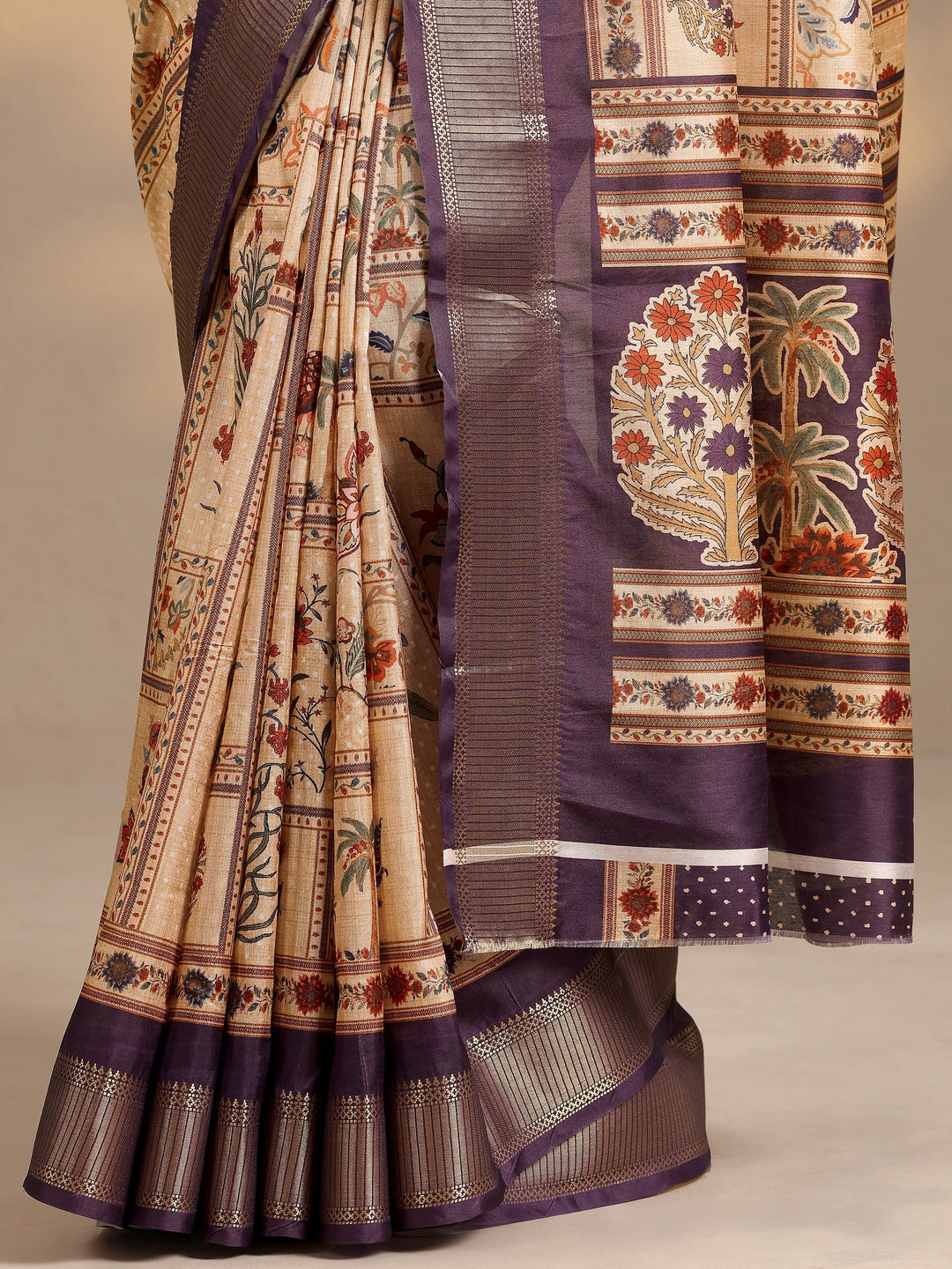 Gold Printed Silk Blend Saree With Unstitched Blouse Piece 
