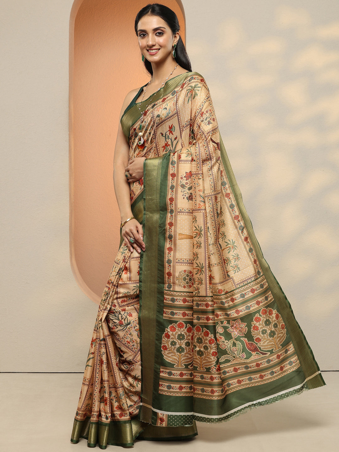  Gold Printed Silk Blend Saree With Unstitched Blouse Piece 