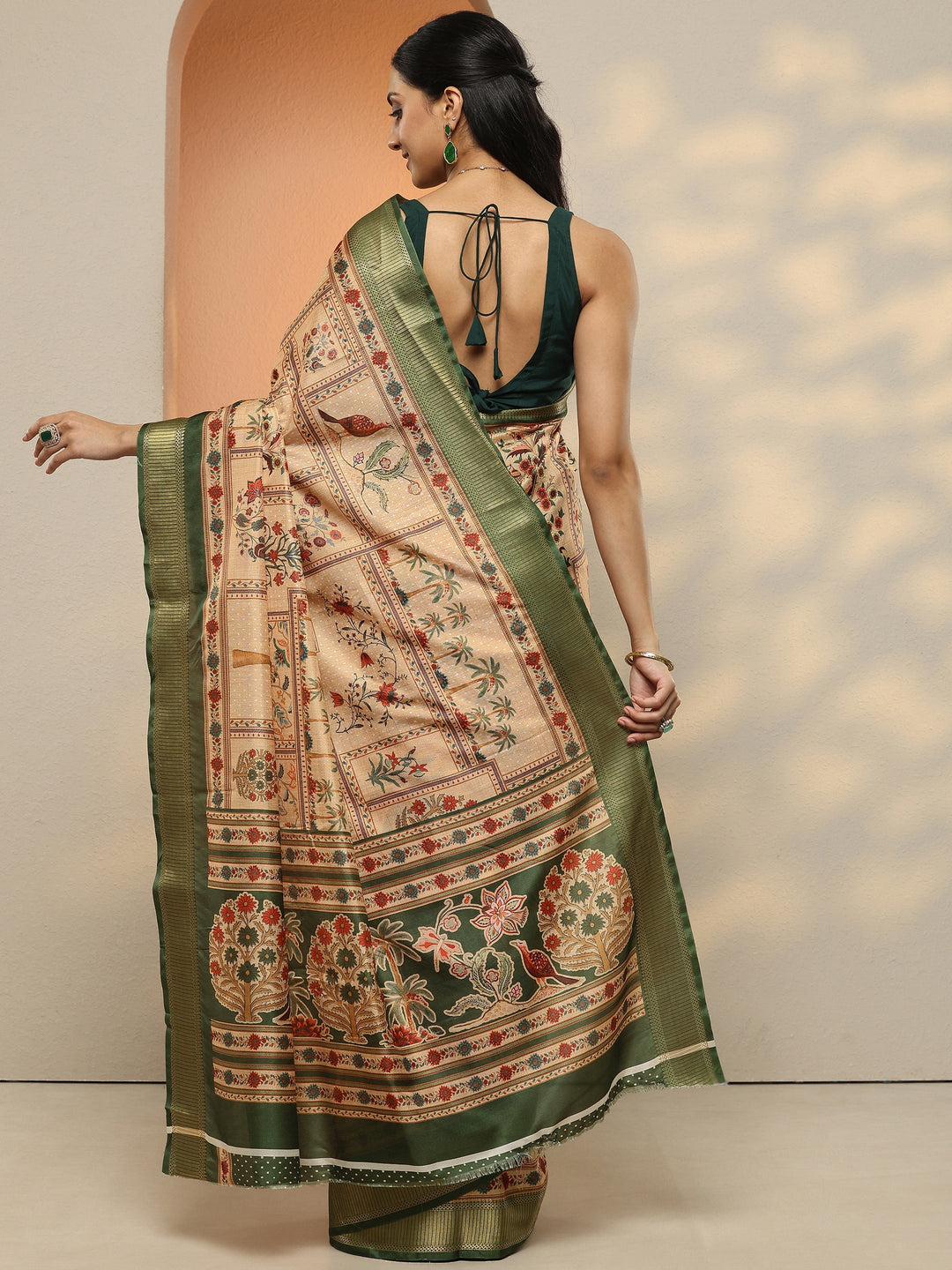  Gold Printed Silk Blend Saree With Unstitched Blouse Piece 