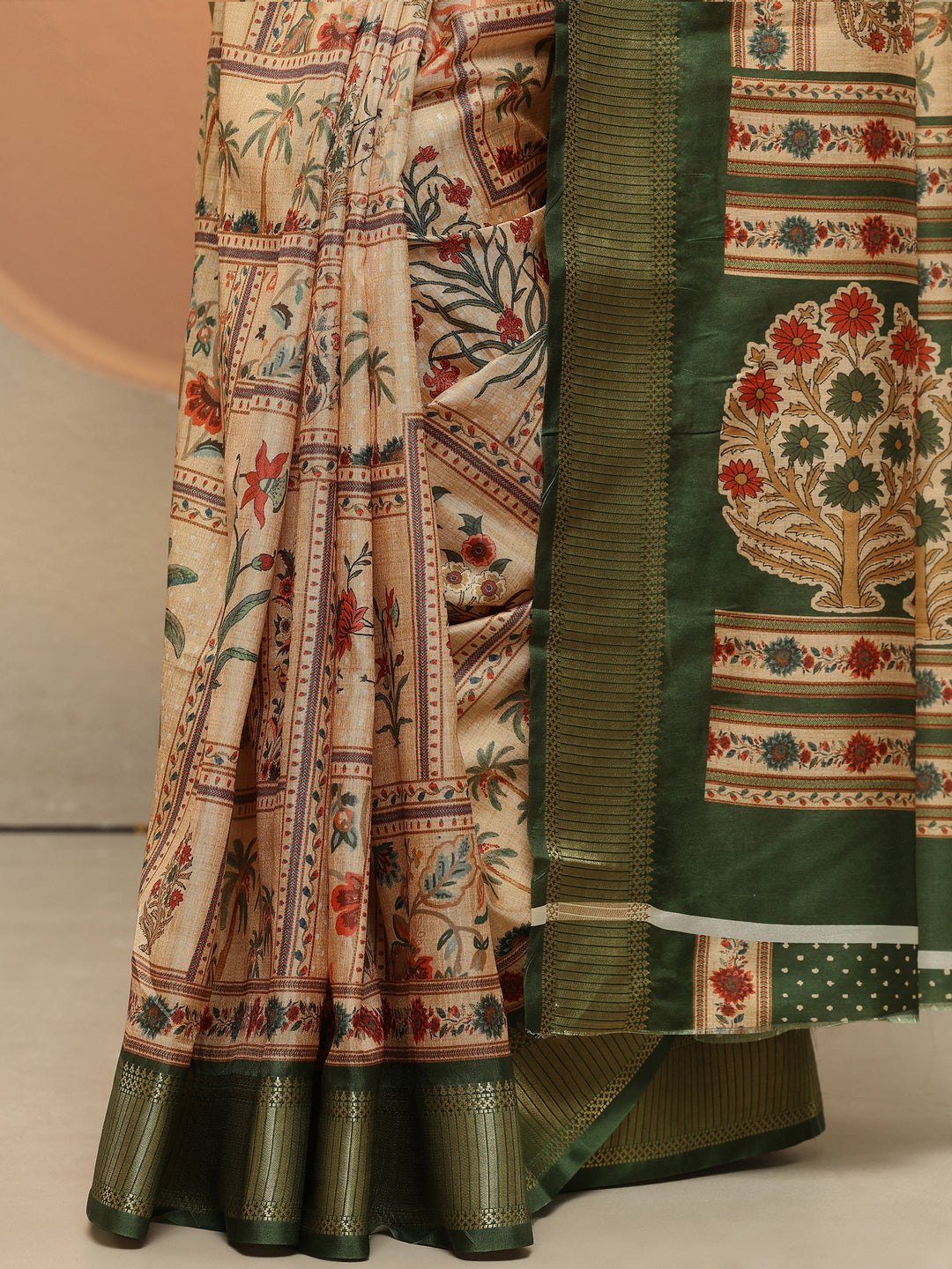  Gold Printed Silk Blend Saree With Unstitched Blouse Piece 