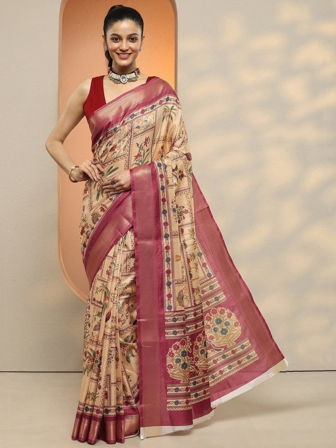  Gold Printed Silk Blend Saree With Unstitched Blouse Piece 