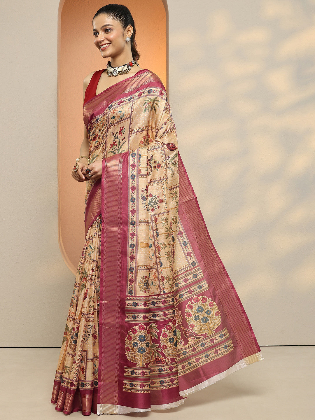  Gold Printed Silk Blend Saree With Unstitched Blouse Piece 