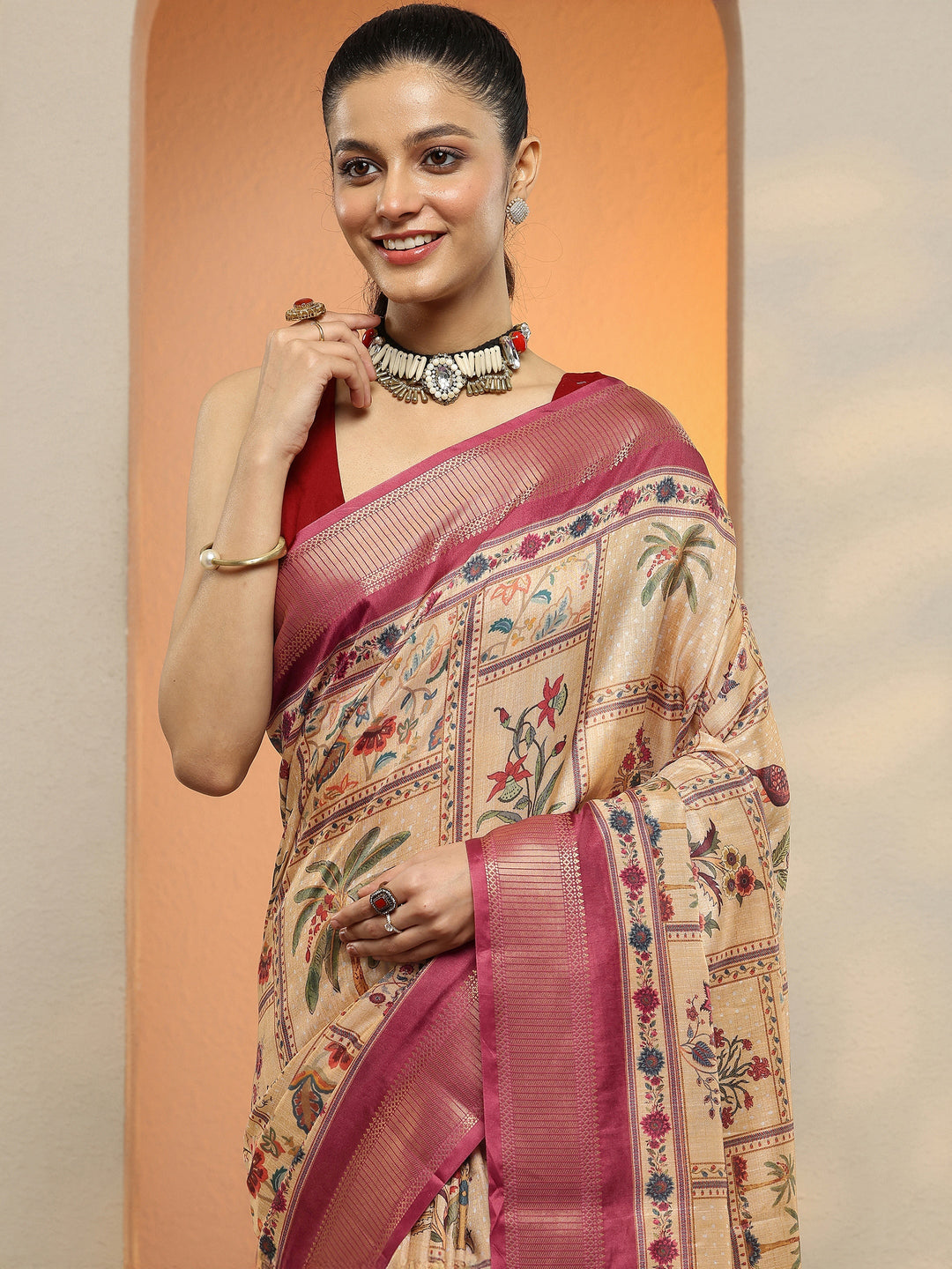  Gold Printed Silk Blend Saree With Unstitched Blouse Piece 