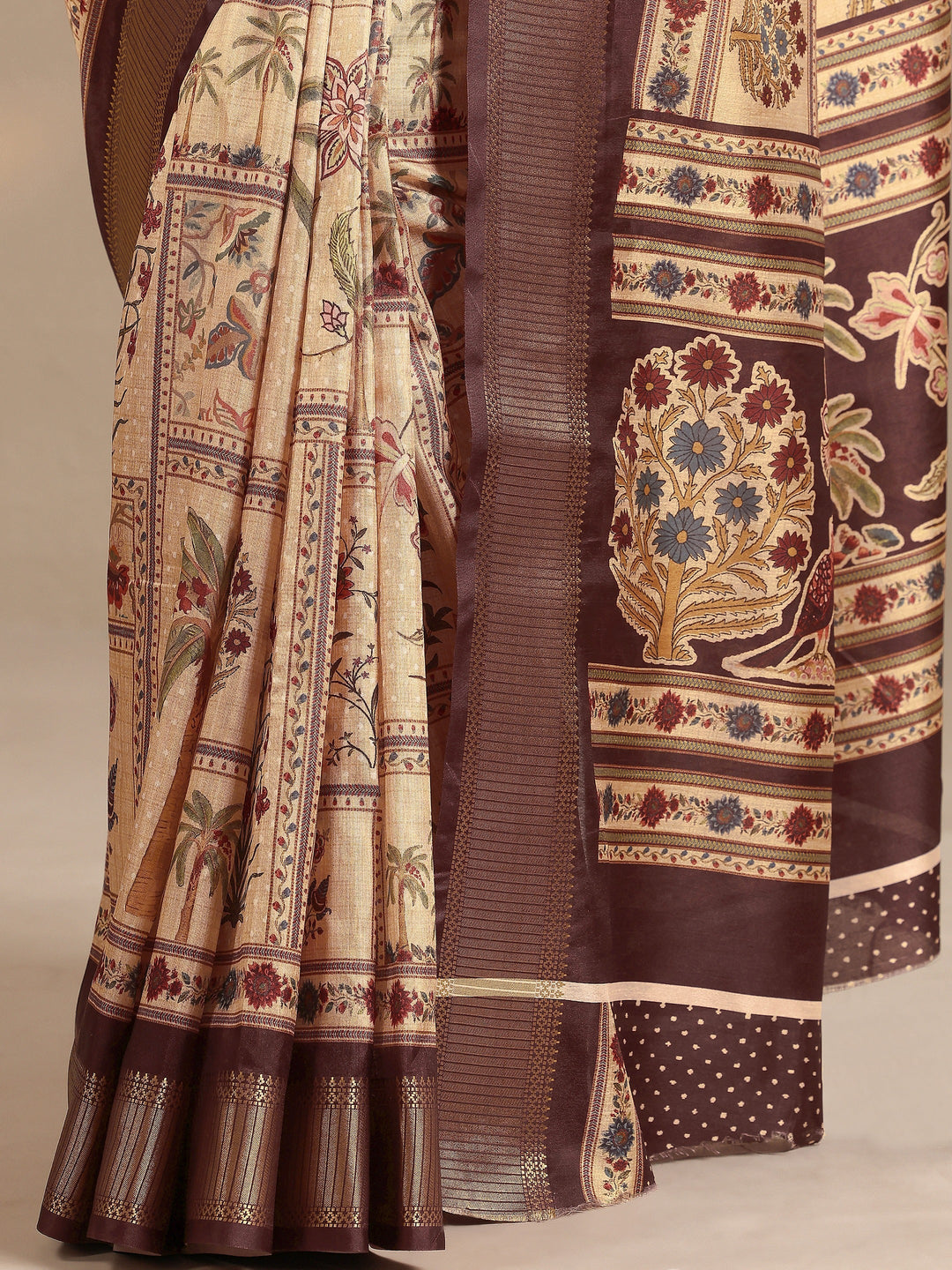  Gold Printed Silk Blend Saree With Unstitched Blouse Piece 