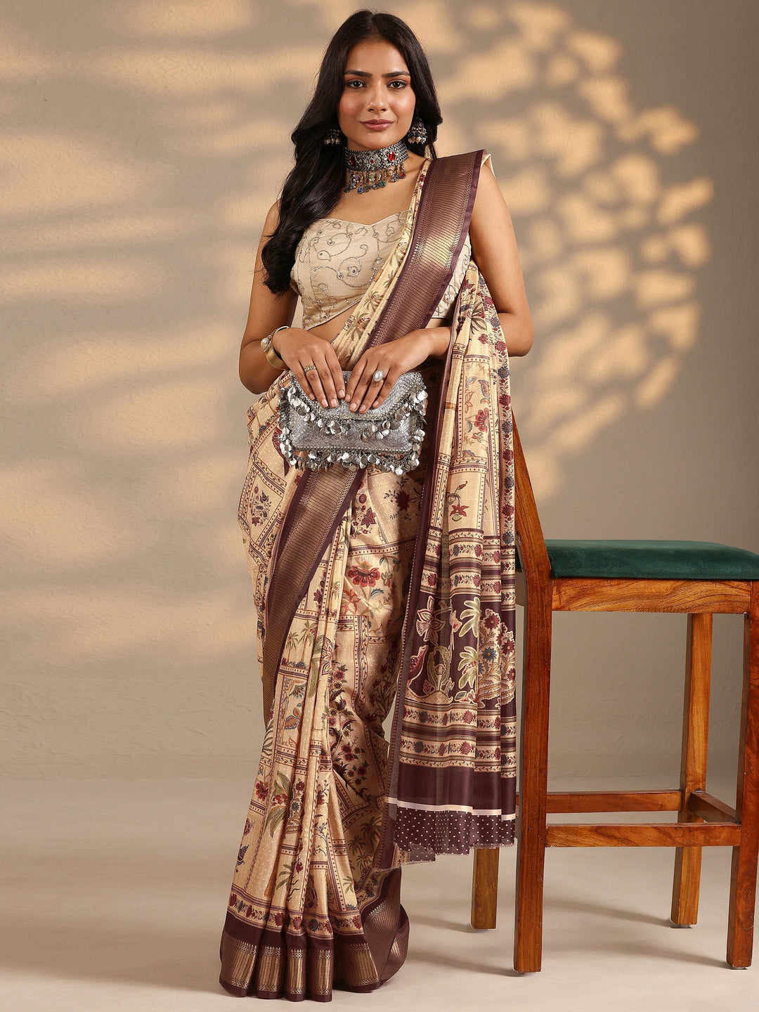  Gold Printed Silk Blend Saree With Unstitched Blouse Piece 