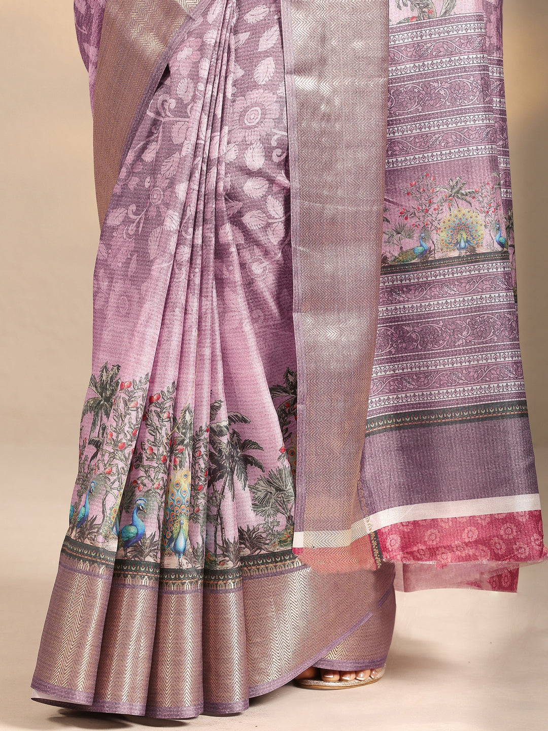  Lavender Printed Silk Blend Saree With Unstitched Blouse Piece 
