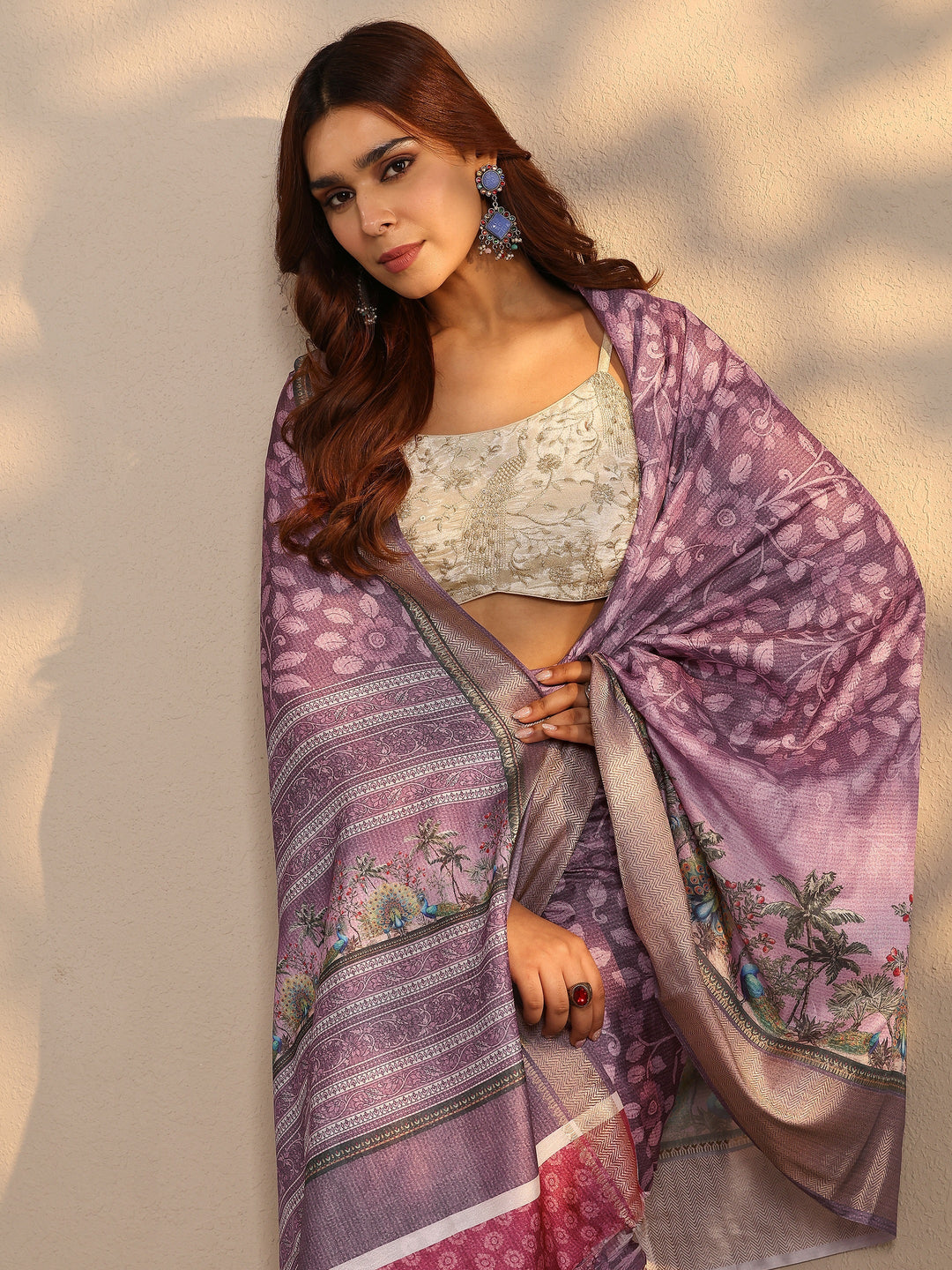  Lavender Printed Silk Blend Saree With Unstitched Blouse Piece 