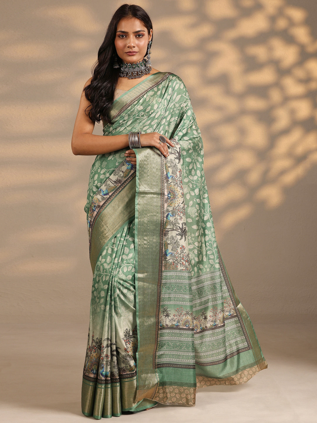 Green Printed Silk Blend Saree With Unstitched Blouse Piece