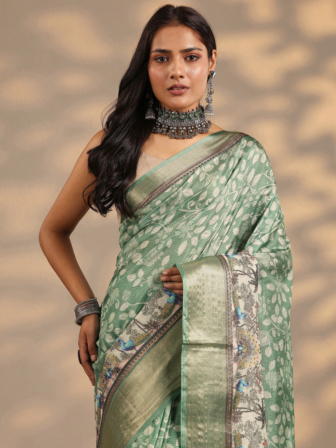  Green Printed Silk Blend Saree With Unstitched Blouse Piece 