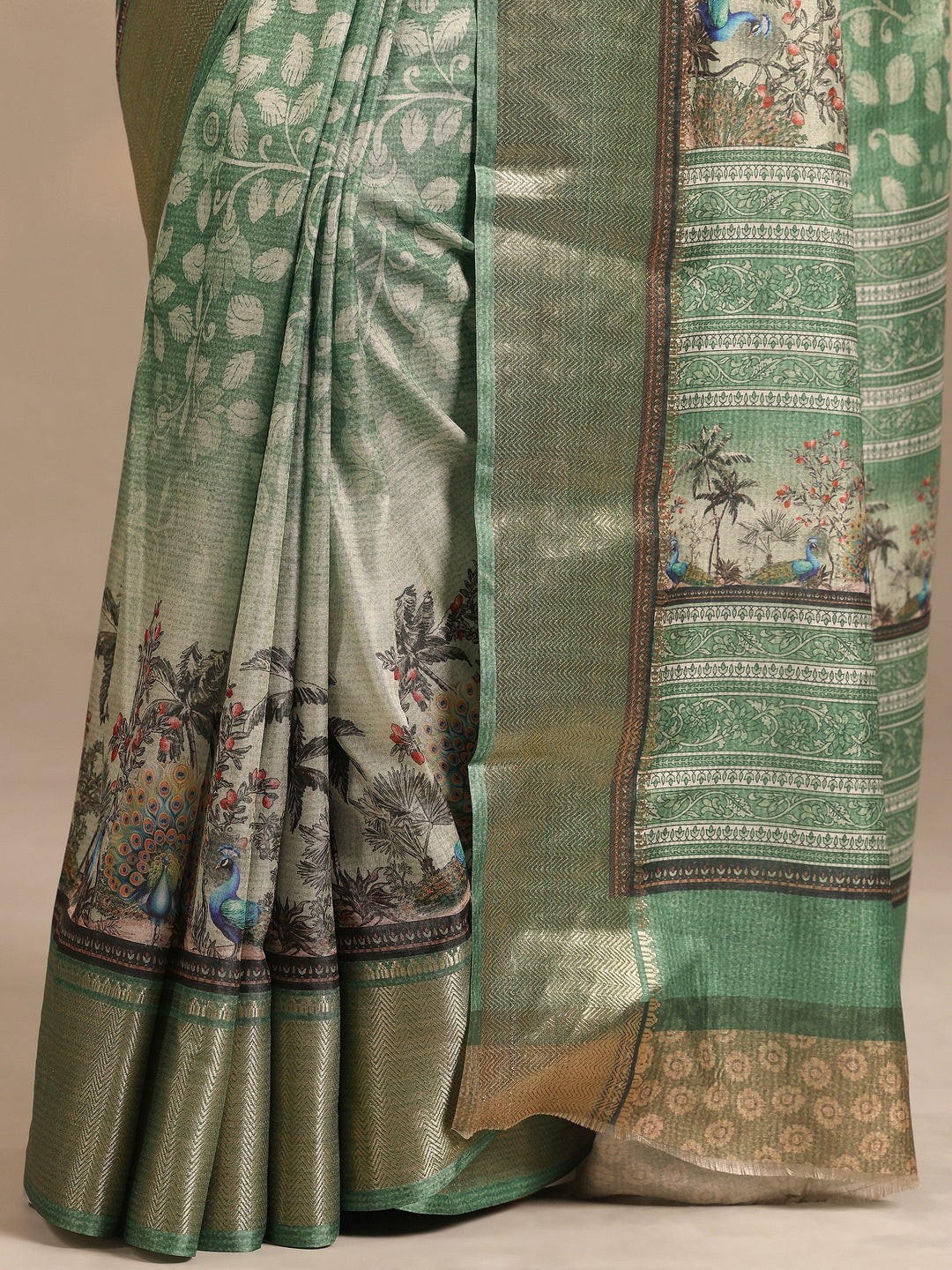  Green Printed Silk Blend Saree With Unstitched Blouse Piece 