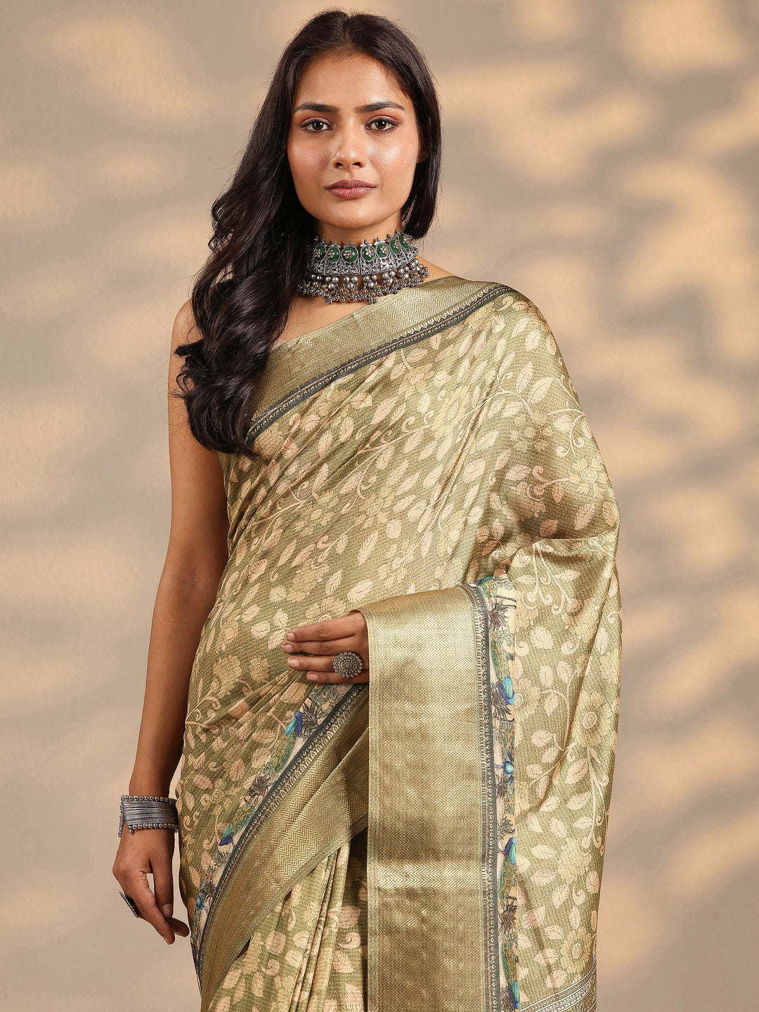  Green Printed Silk Blend Saree With Unstitched Blouse Piece 