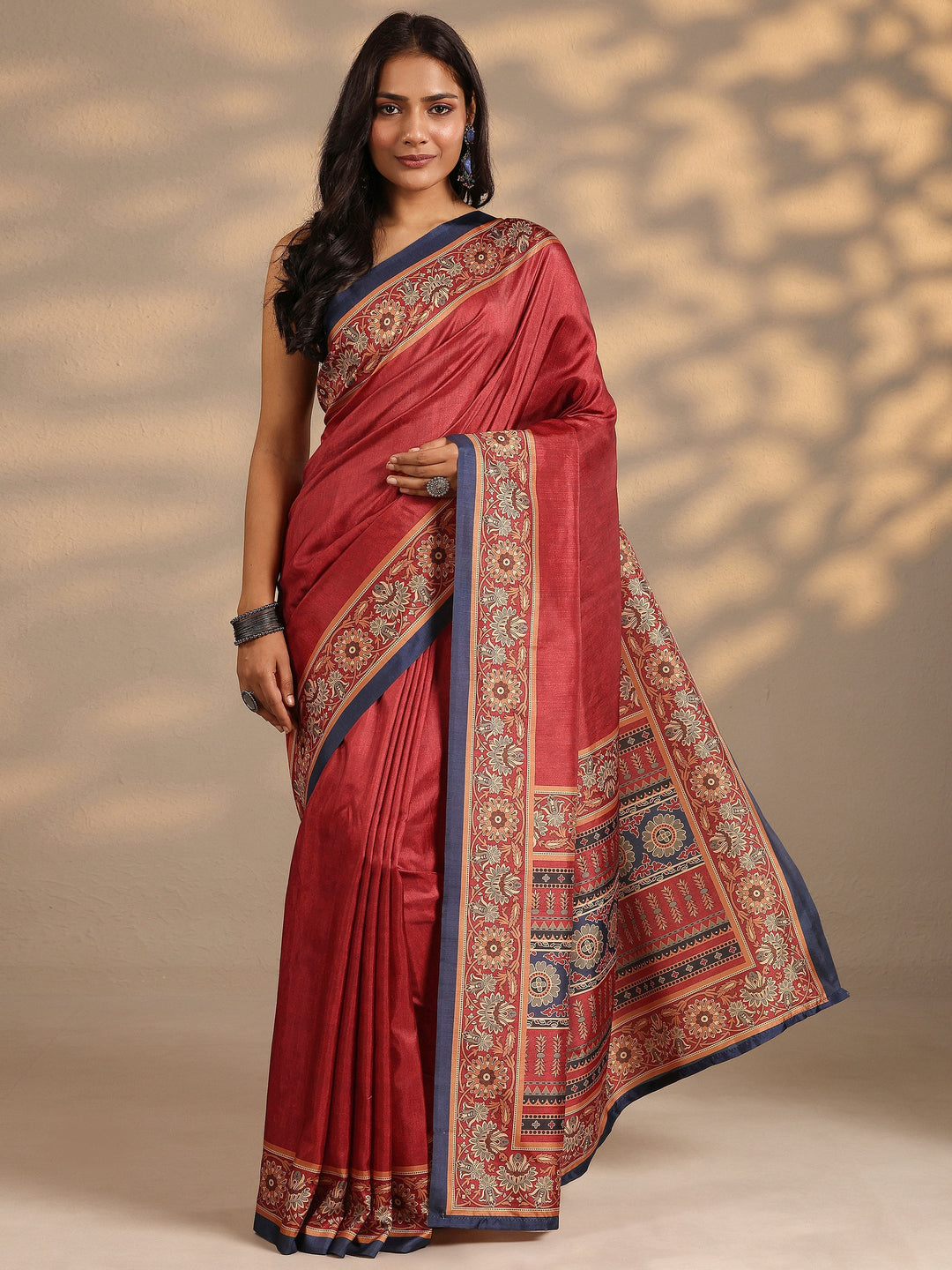  Red Solid Silk Blend Saree With Unstitched Blouse Piece 