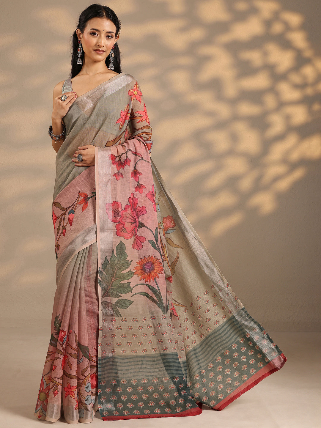 Green Printed Linen Blend Saree With Unstitched Blouse Piece 