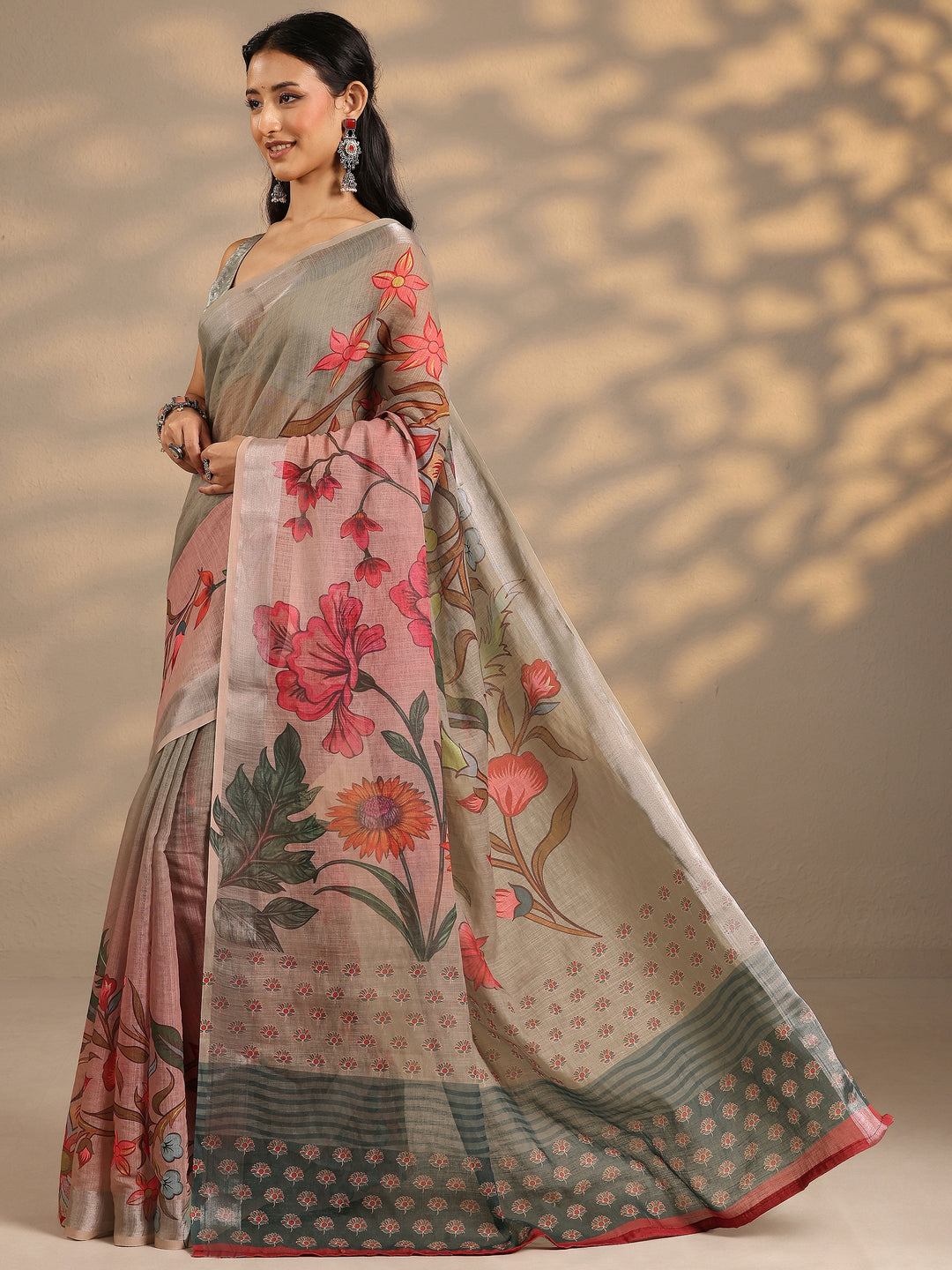  Green Printed Linen Blend Saree With Unstitched Blouse Piece 