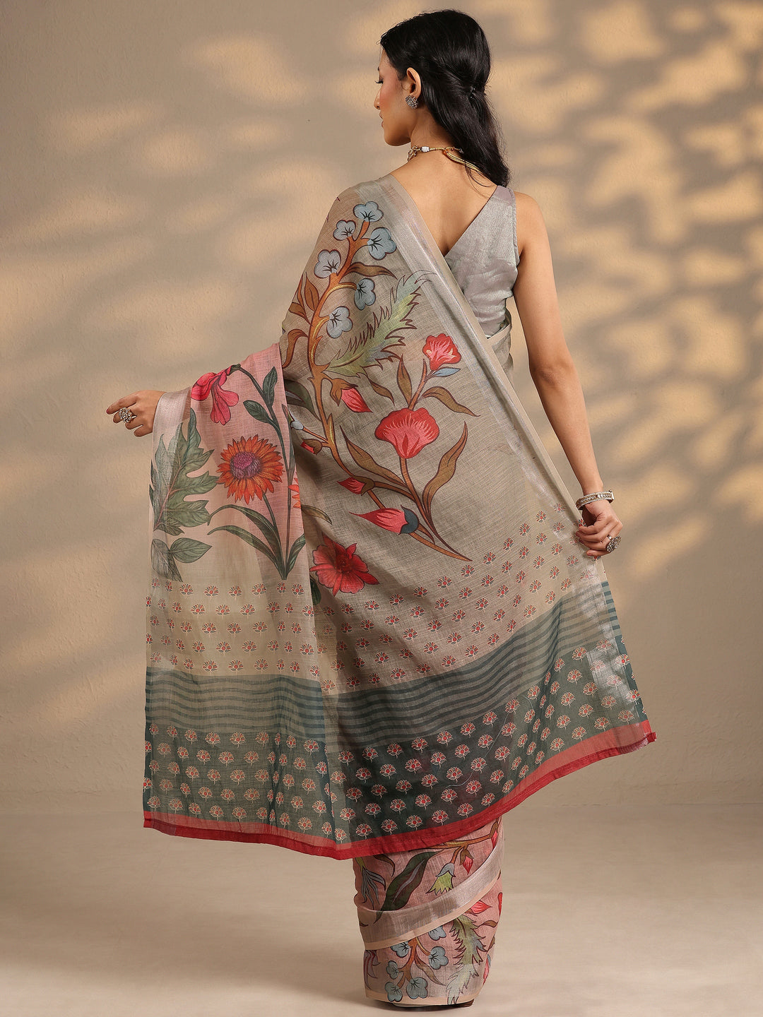  Green Printed Linen Blend Saree With Unstitched Blouse Piece 