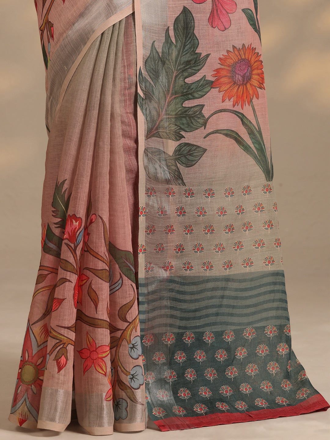  Green Printed Linen Blend Saree With Unstitched Blouse Piece 