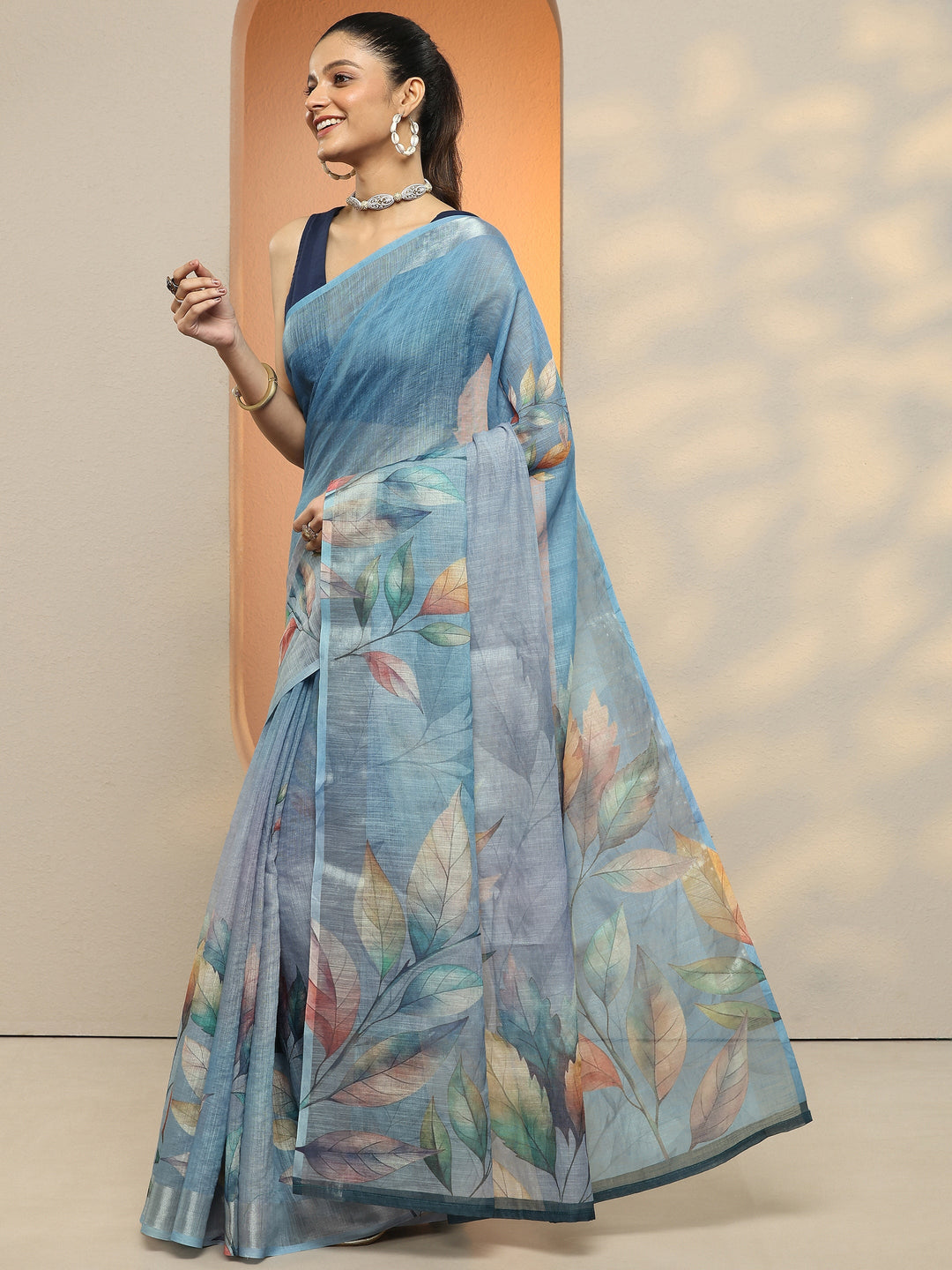  Blue Printed Linen Saree With Unstitched Blouse Piece 