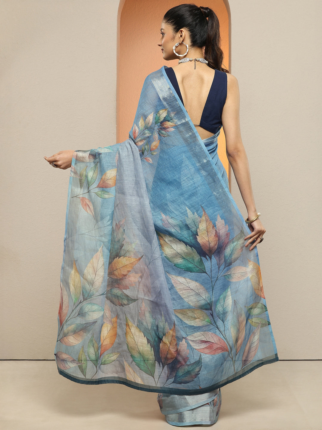  Blue Printed Linen Saree With Unstitched Blouse Piece 
