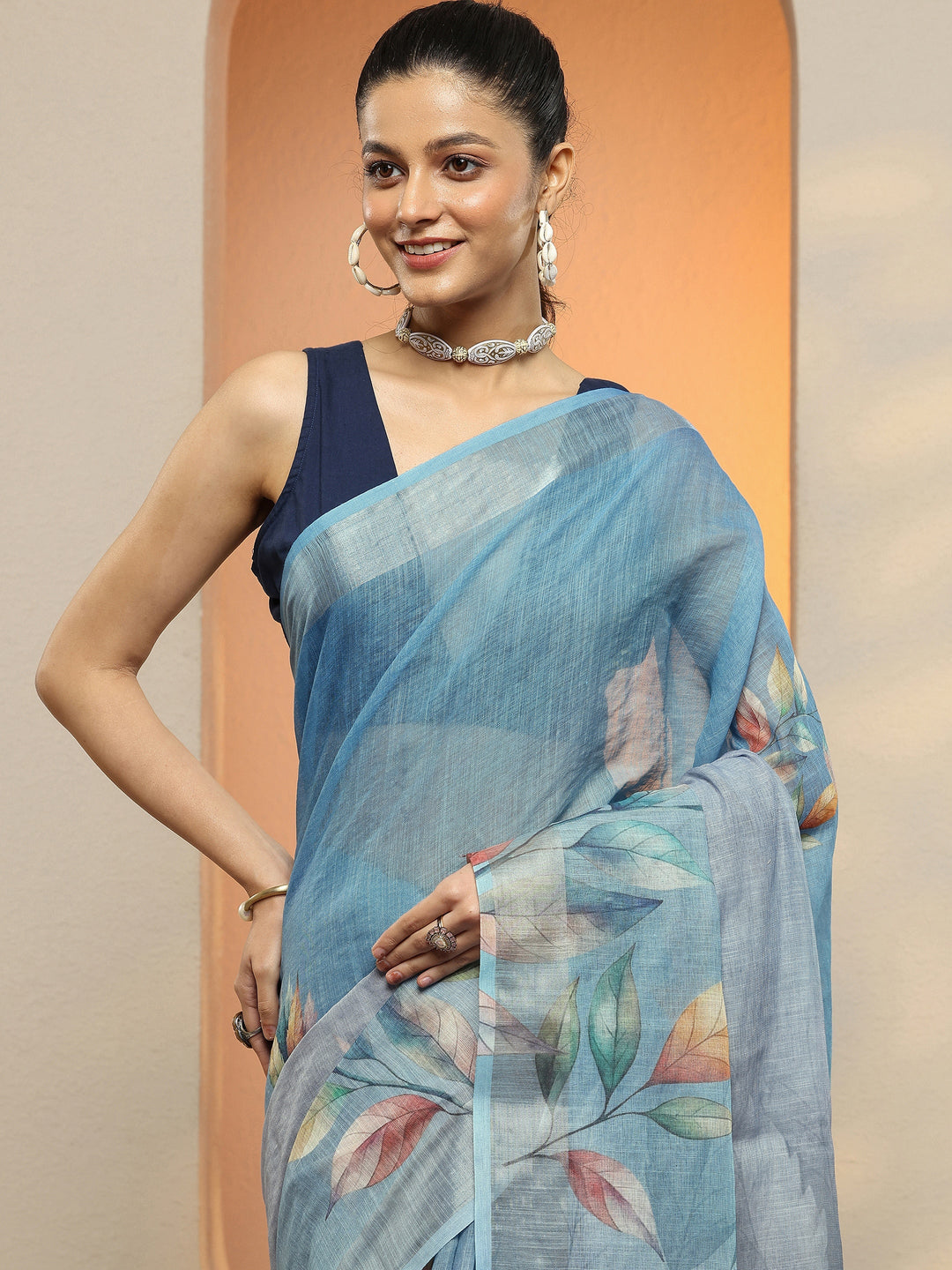  Blue Printed Linen Saree With Unstitched Blouse Piece 