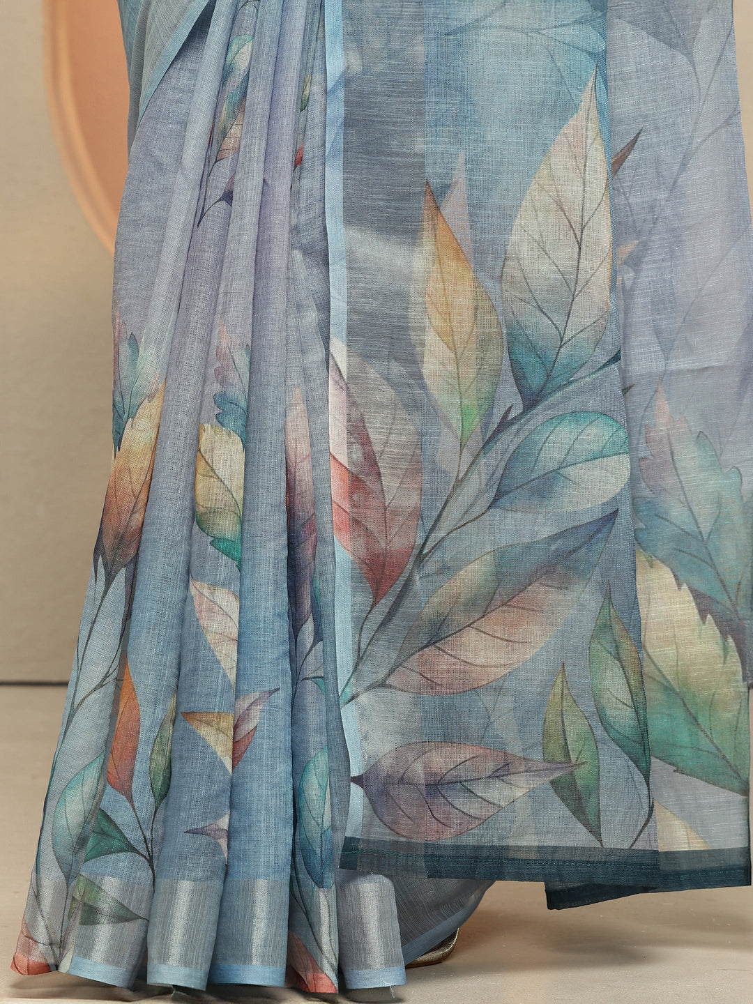  Blue Printed Linen Saree With Unstitched Blouse Piece 