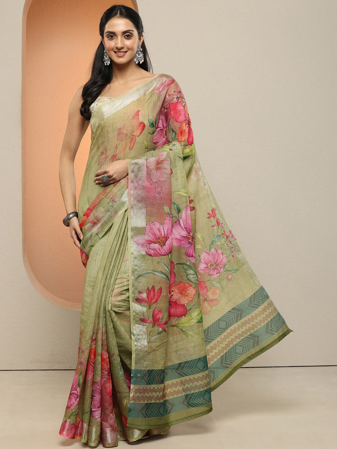  Green Printed Linen Saree With Unstitched Blouse Piece 