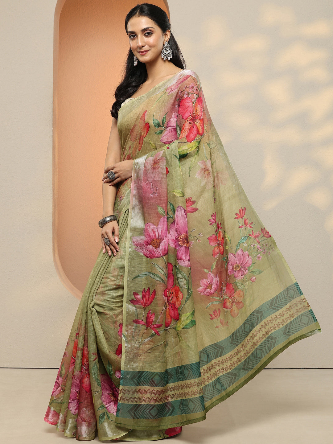  Green Printed Linen Saree With Unstitched Blouse Piece 