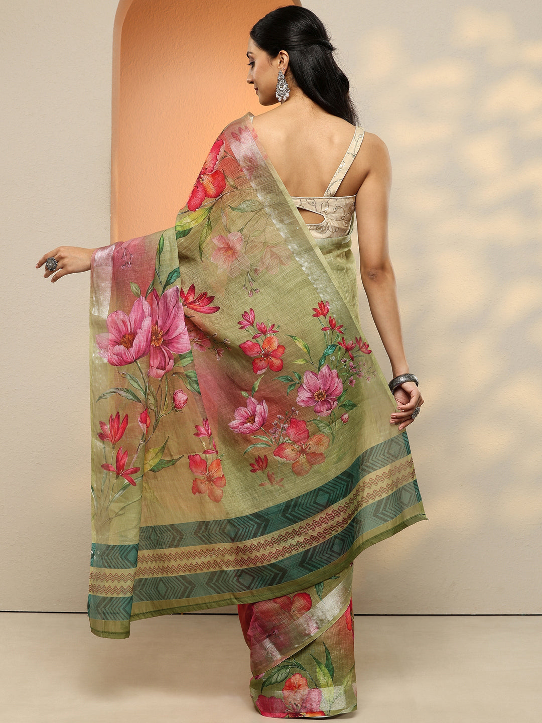  Green Printed Linen Saree With Unstitched Blouse Piece 