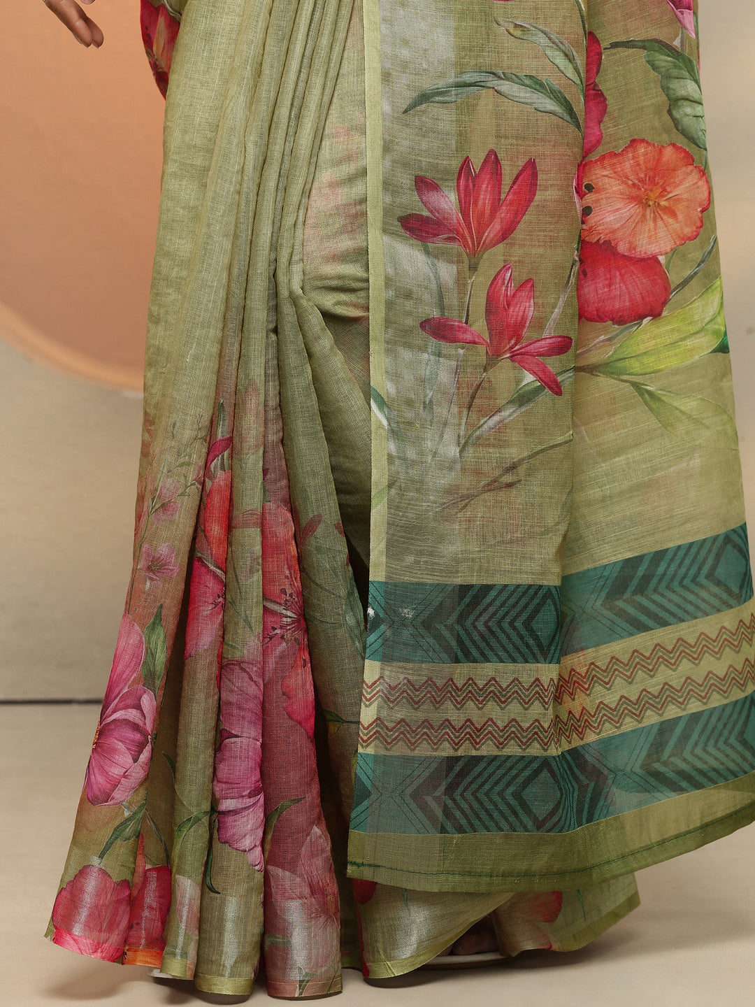  Green Printed Linen Saree With Unstitched Blouse Piece 