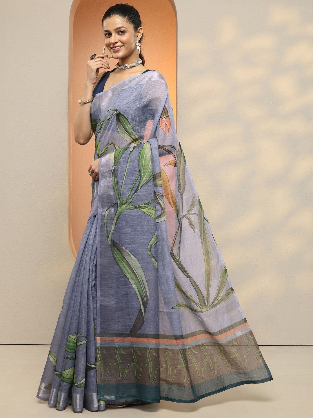  Purple Printed Linen Saree With Unstitched Blouse Piece 