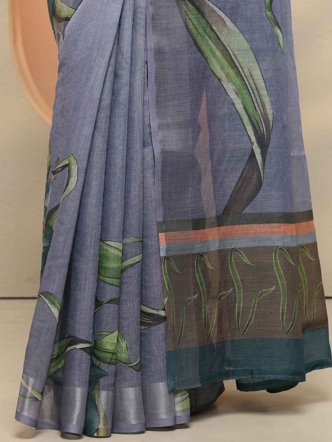  Purple Printed Linen Saree With Unstitched Blouse Piece 