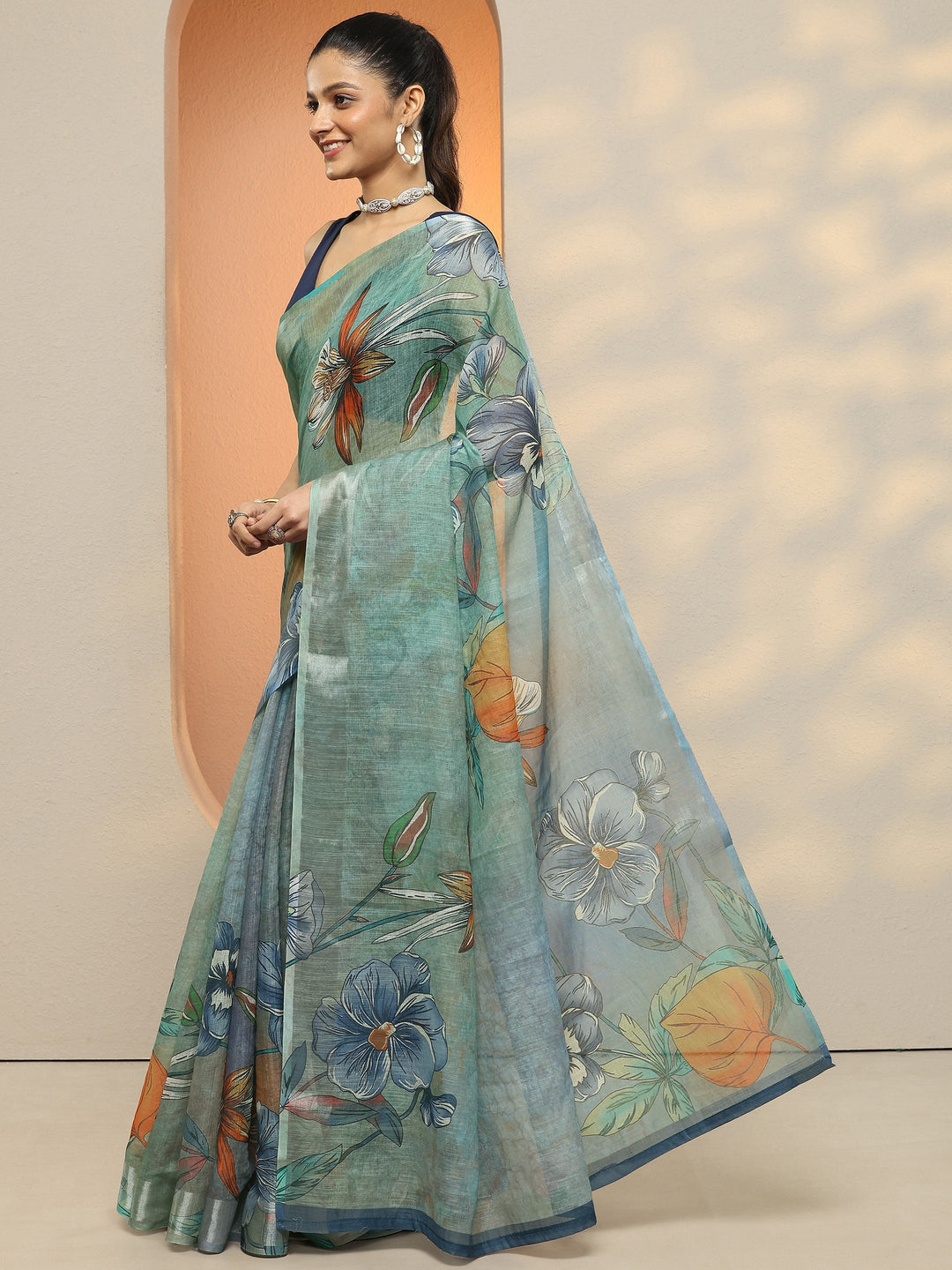  Green Printed Linen Saree With Unstitched Blouse Piece 