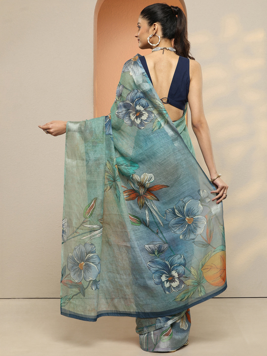  Green Printed Linen Saree With Unstitched Blouse Piece 