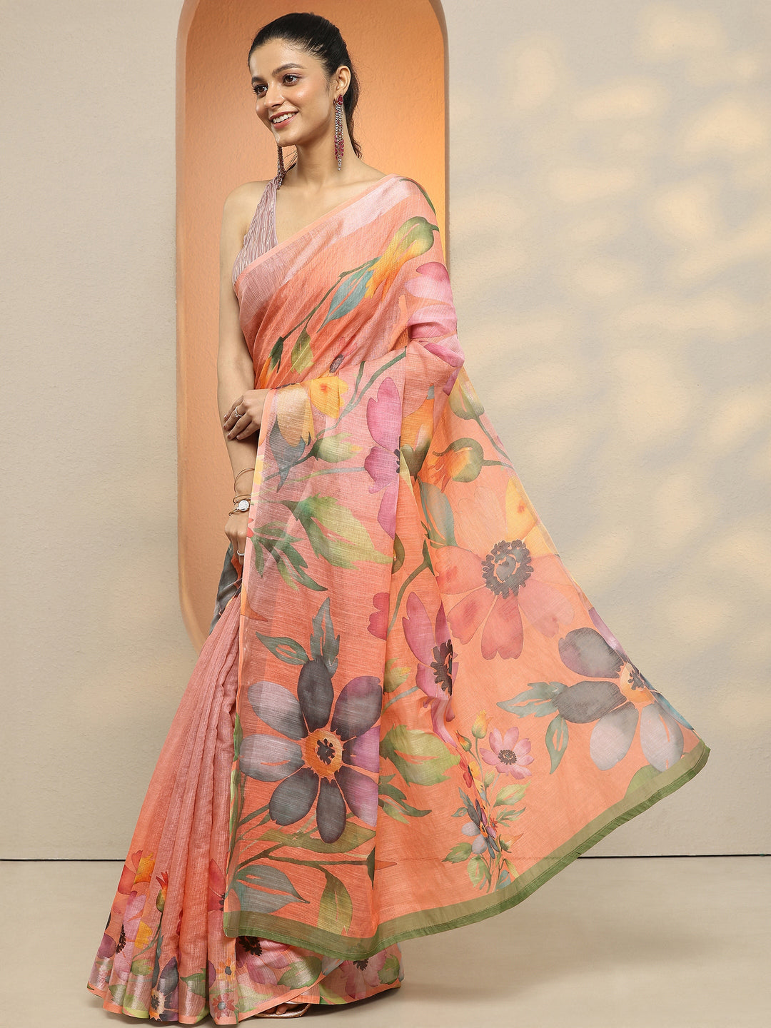  Peach Printed Linen Saree With Unstitched Blouse Piece 