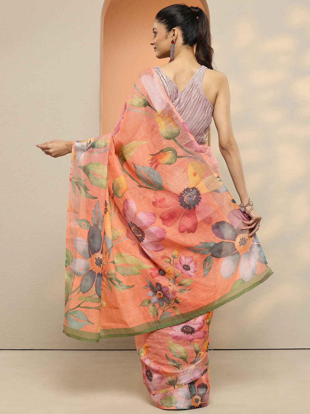  Peach Printed Linen Saree With Unstitched Blouse Piece 